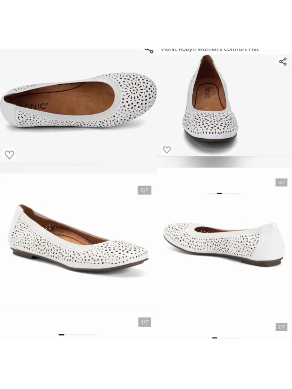 Vionic Robyn Ballet Flats Size 8.5 Perforated Napa Leather White Laser Cut Shoes